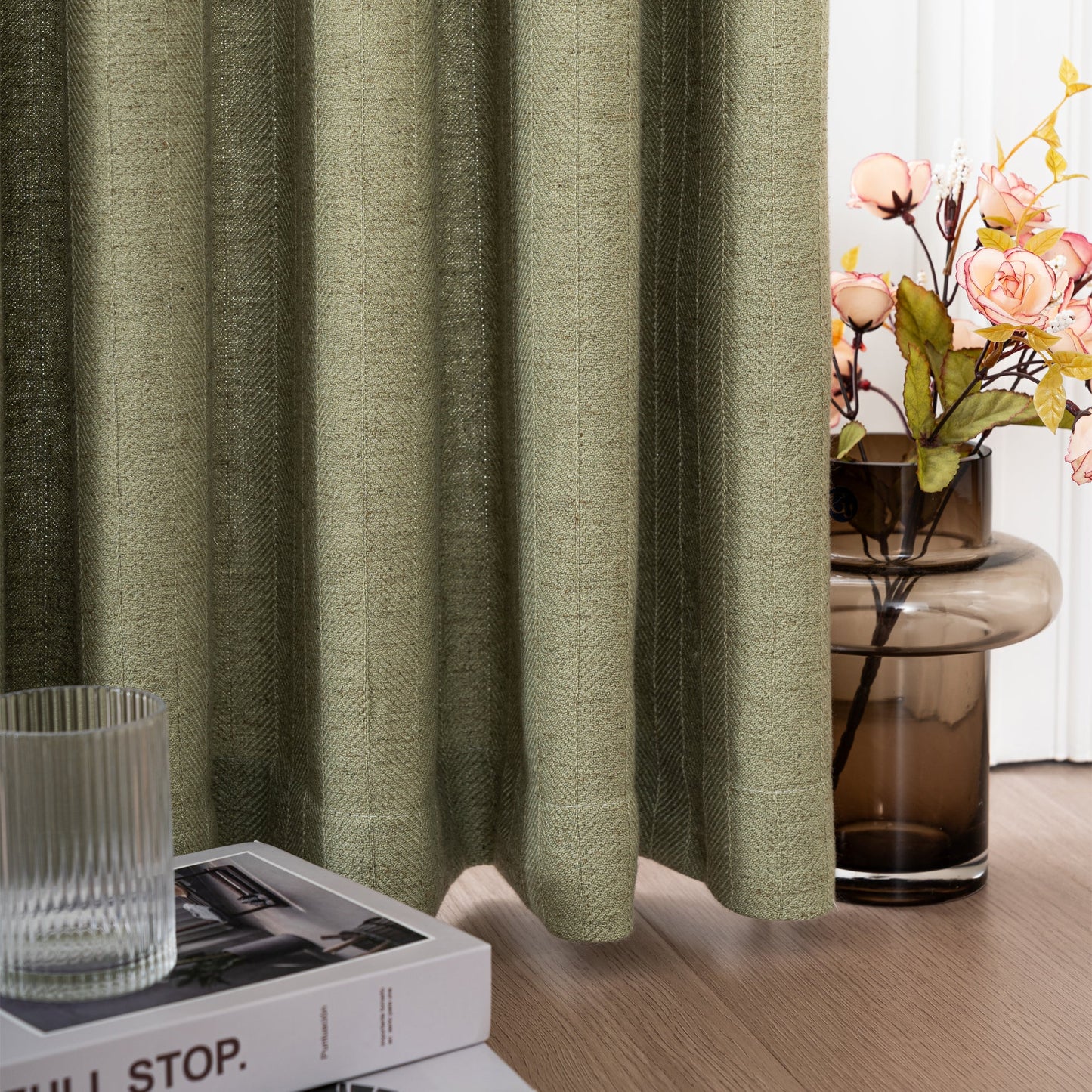 Lun Herringbone Pinstripe Premium Linen Blended Curtain Pleated