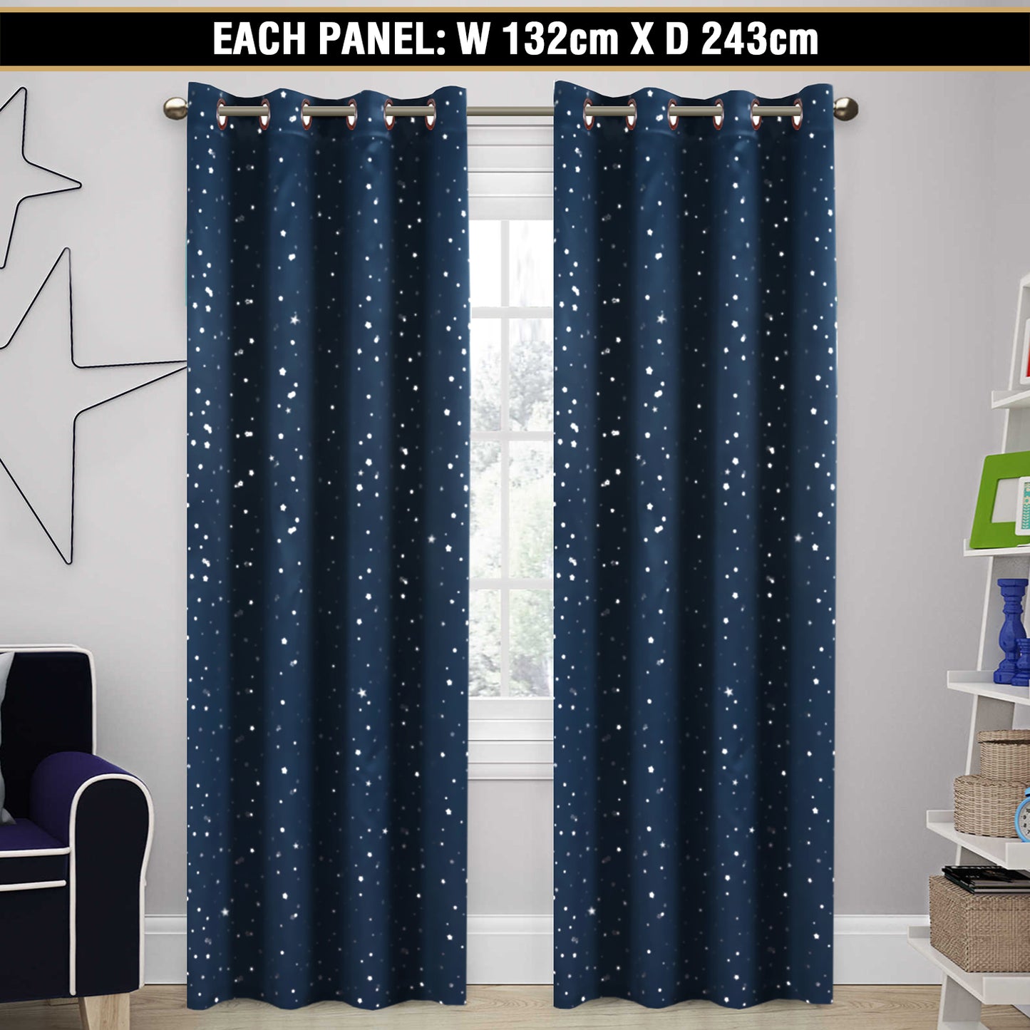 1 Pair Kids Curtains Blockout Eyelet Blackout Kids Bedroom Curtains Star Pattern