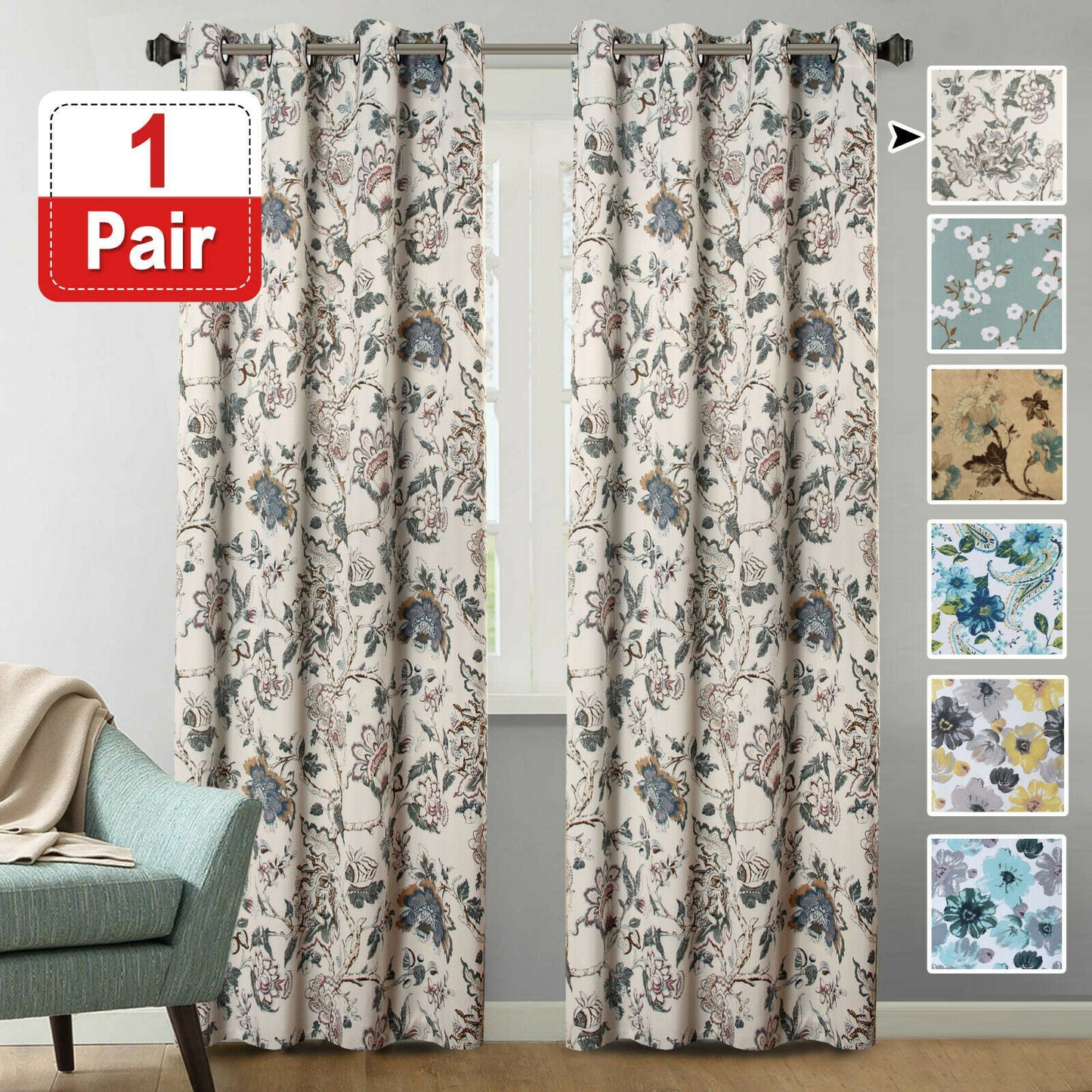 Blockout Curtains Pair Bedroom Living Room Vintage Floral Eyelet Curtains