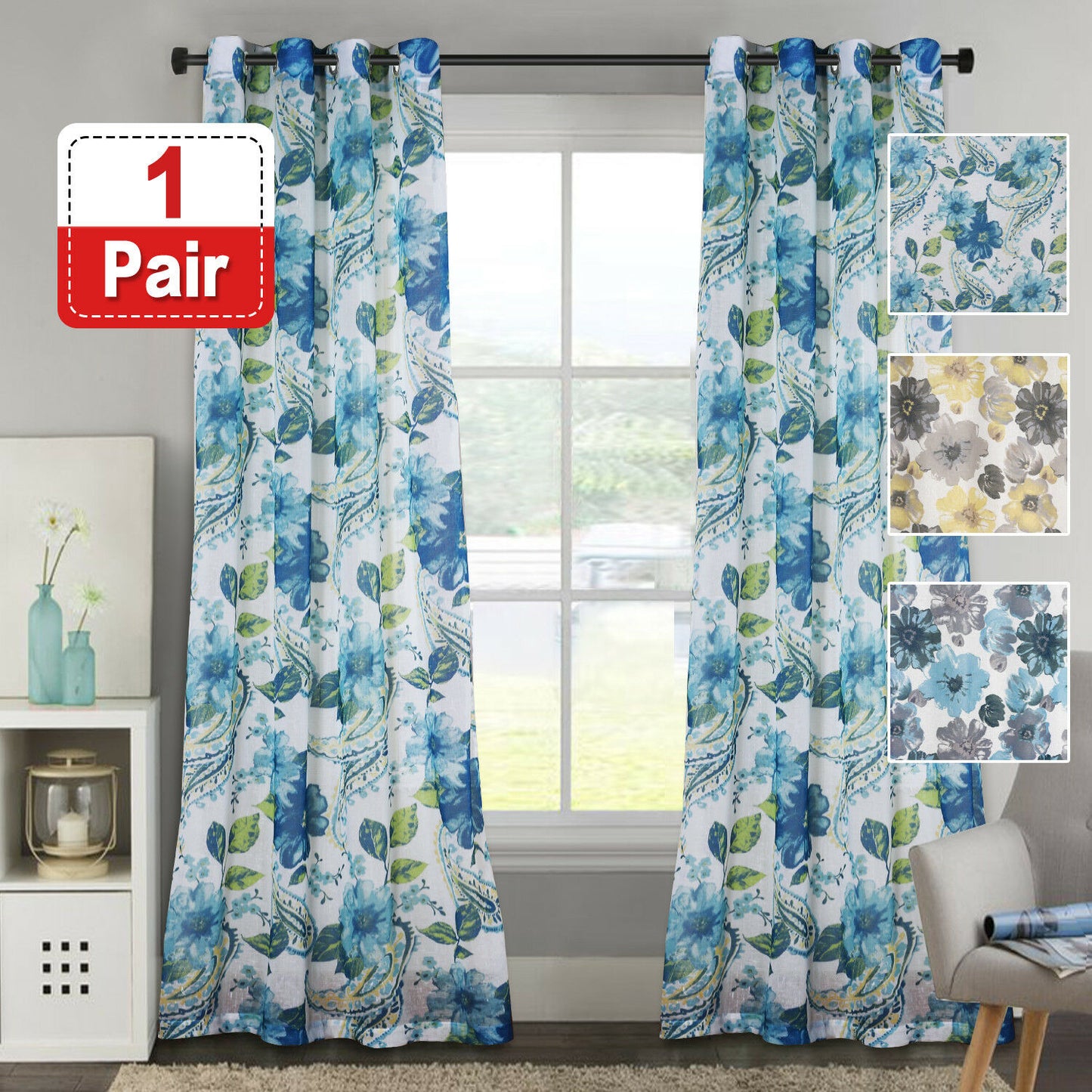 Linen Sheer Curtains Vintage Floral Curtains for Bedroom Soft Draped and Natural