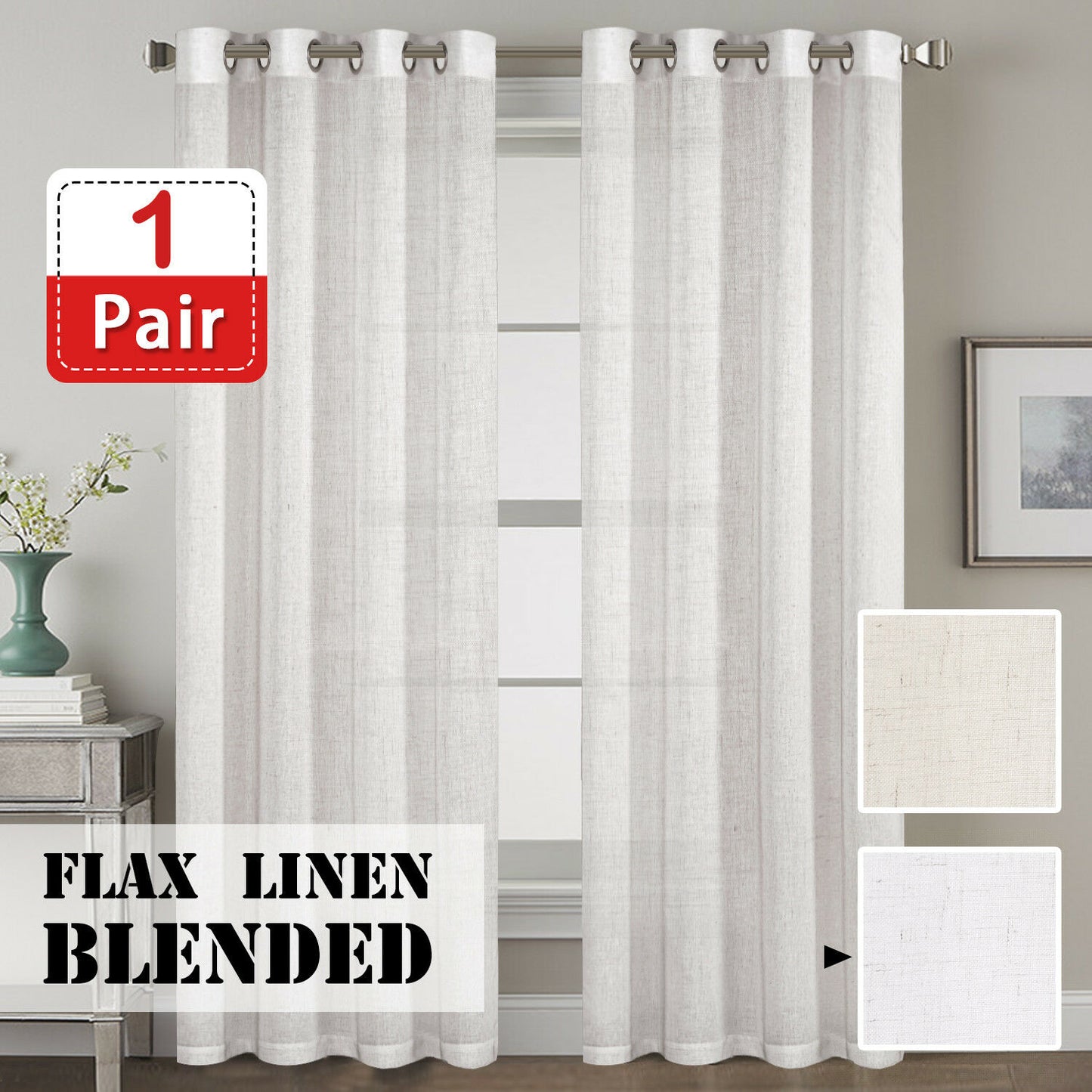 2x Natural Linen Curtains for Living Light Filtering Semi Sheer Window Draperies