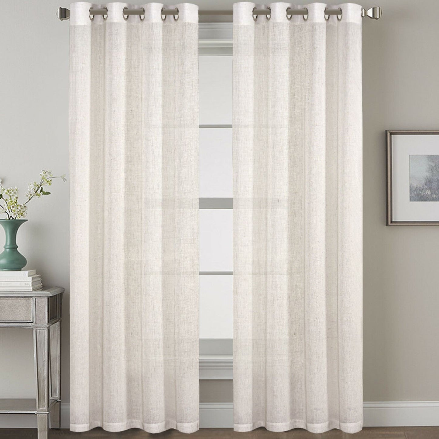 2x Natural Linen Curtains for Living Light Filtering Semi Sheer Window Draperies