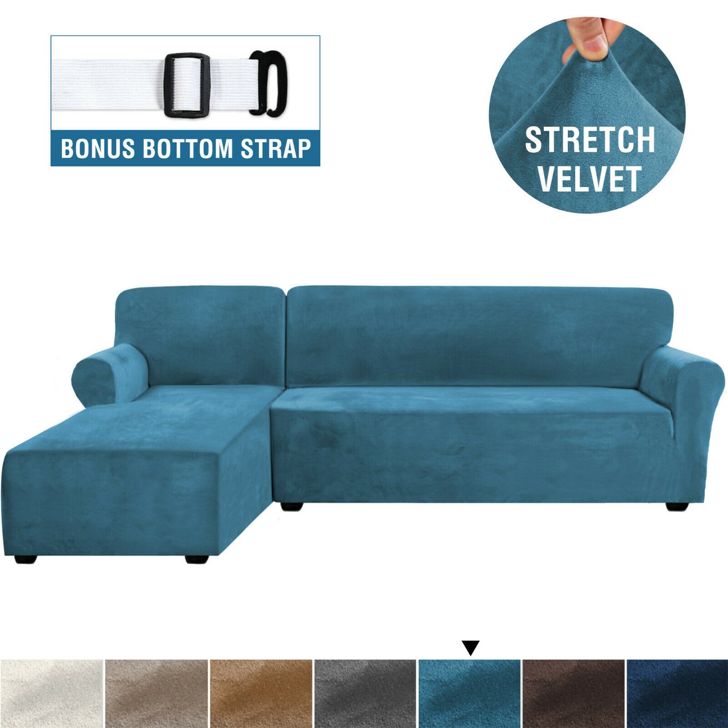 Rich Velvet Stretch L-Shaped Sofa Slipover Thick Left Chaise Lounge Slip Cover