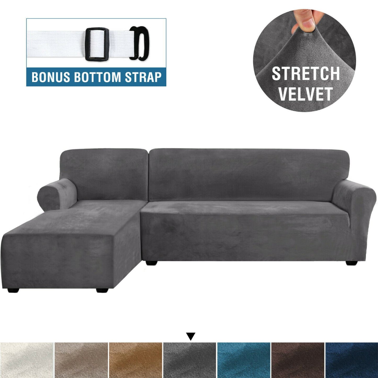 Rich Velvet Stretch L-Shaped Sofa Slipover Thick Left Chaise Lounge Slip Cover