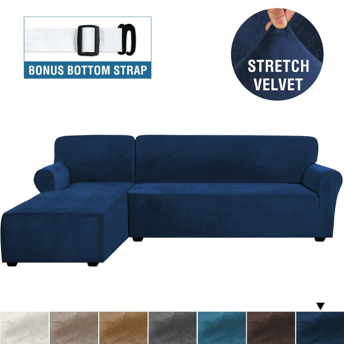 Rich Velvet Stretch L-Shaped Sofa Slipover Thick Left Chaise Lounge Slip Cover