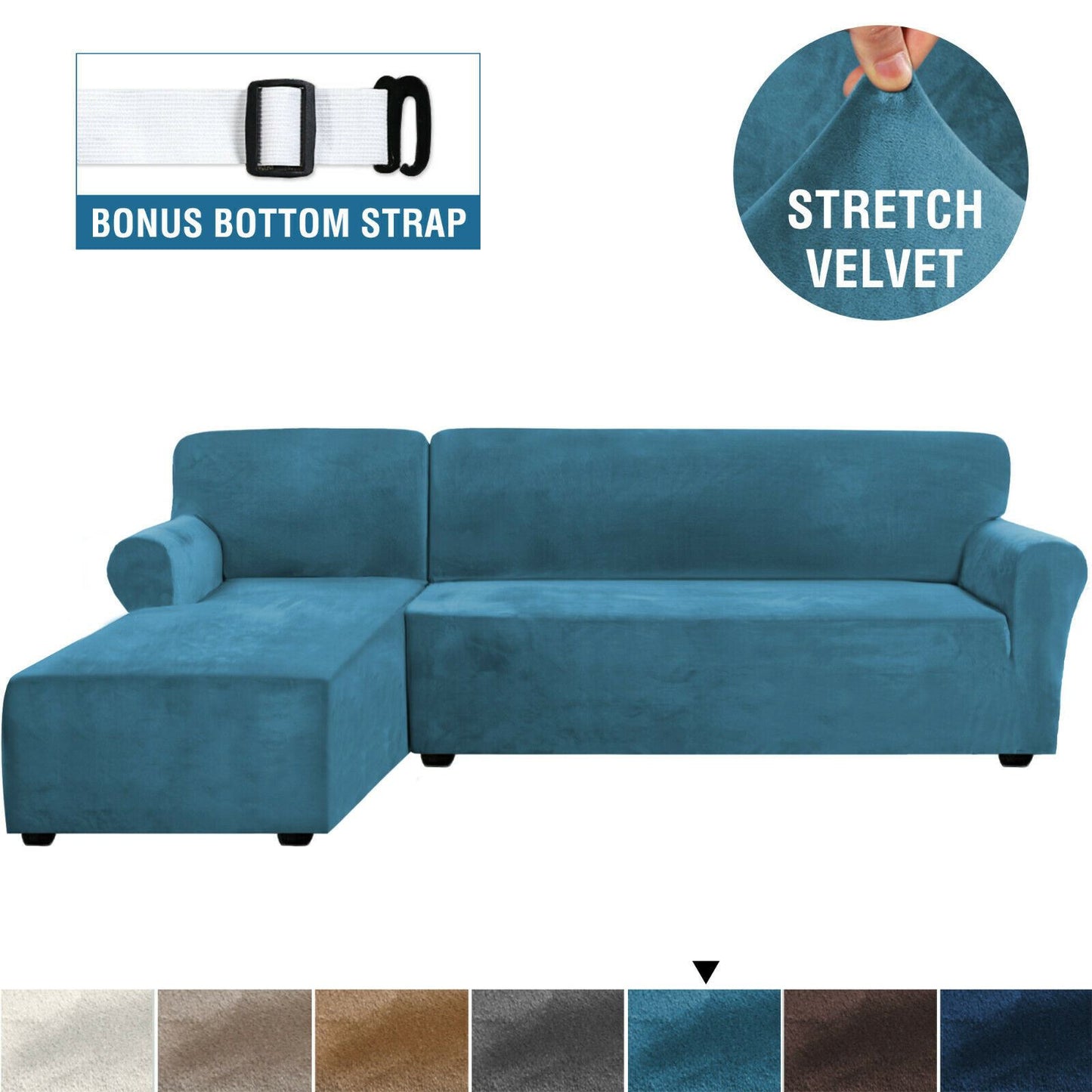 Rich Velvet Stretch L-Shaped Sofa Slipover Thick Left Chaise Lounge Slip Cover