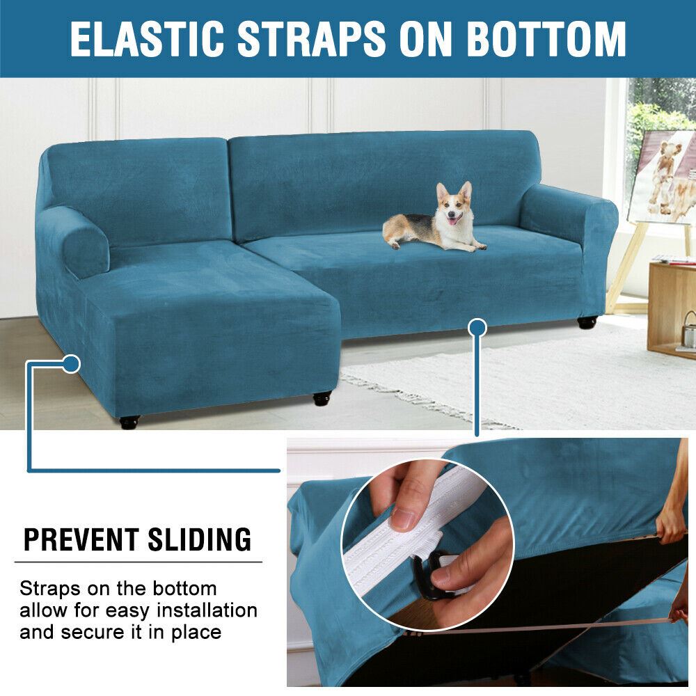 Rich Velvet Stretch L-Shaped Sofa Slipover Thick Left Chaise Lounge Slip Cover