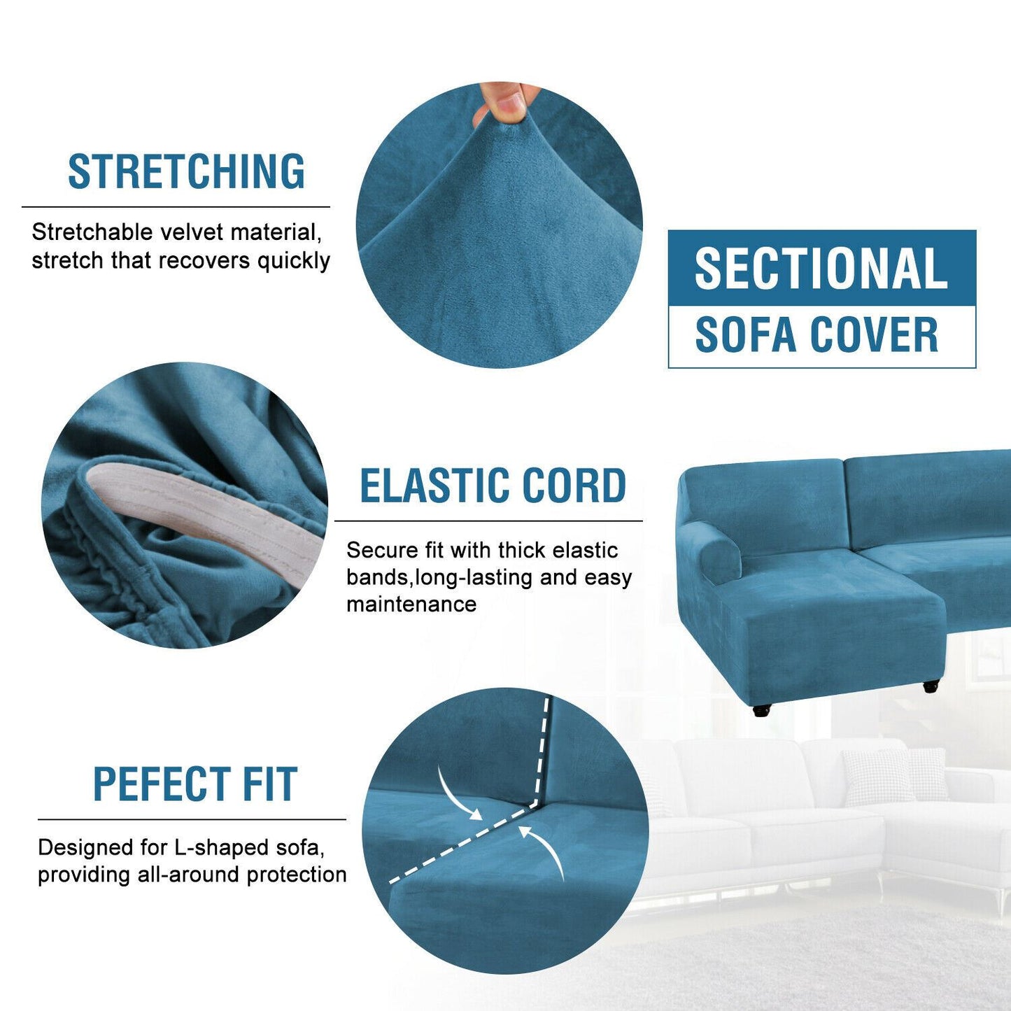 Rich Velvet Stretch L-Shaped Sofa Slipover Thick Left Chaise Lounge Slip Cover