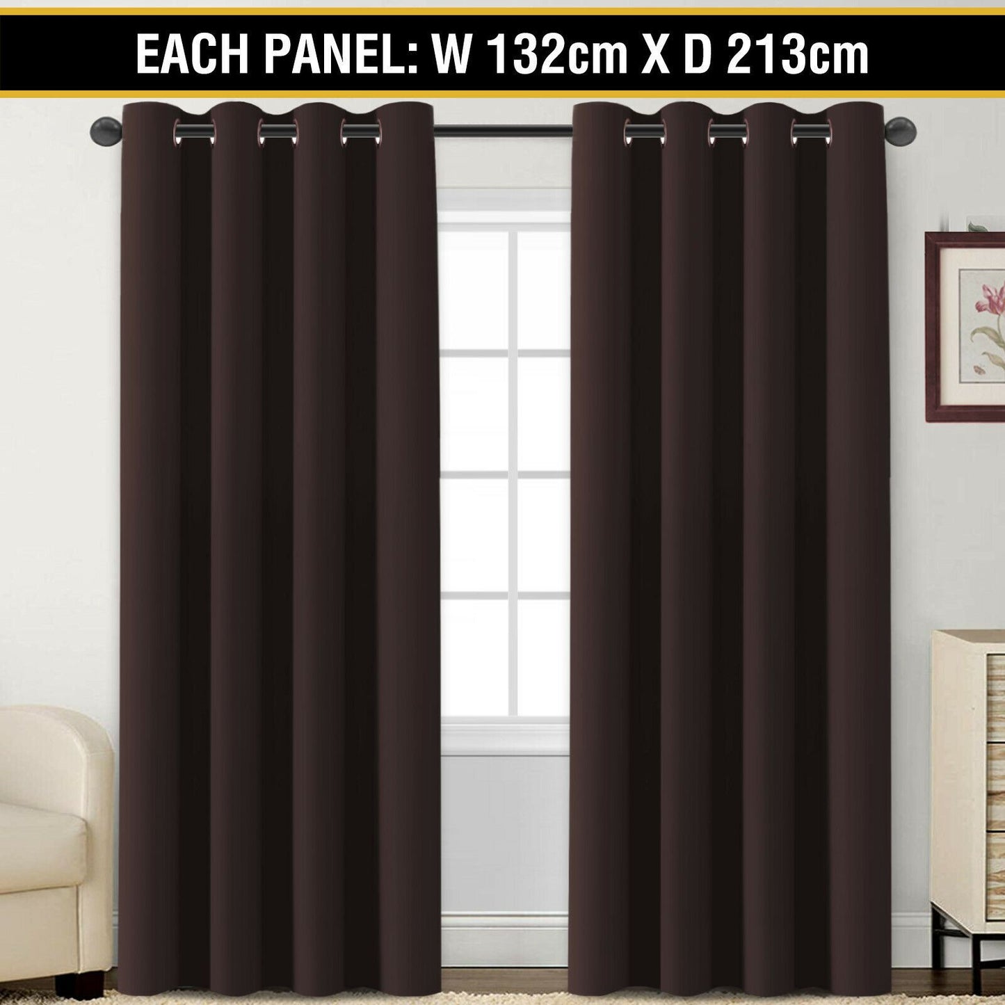 2 x Blockout Curtains Blackout Bedroom Curtain Draperies Eyelet ,Brown