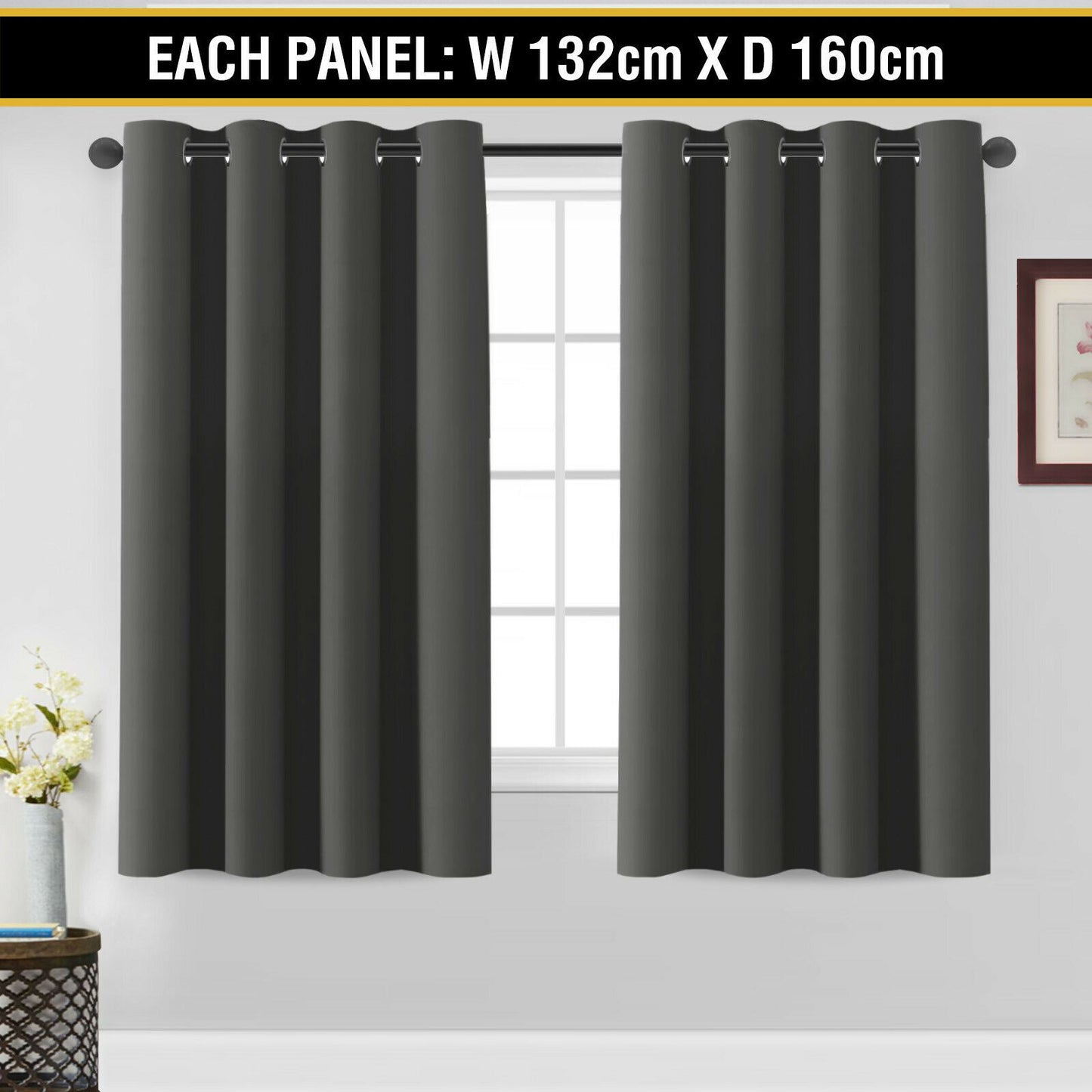 2 x Blockout Curtains Blackout Bedroom Curtain Draperies Eyelet ,Dark Grey