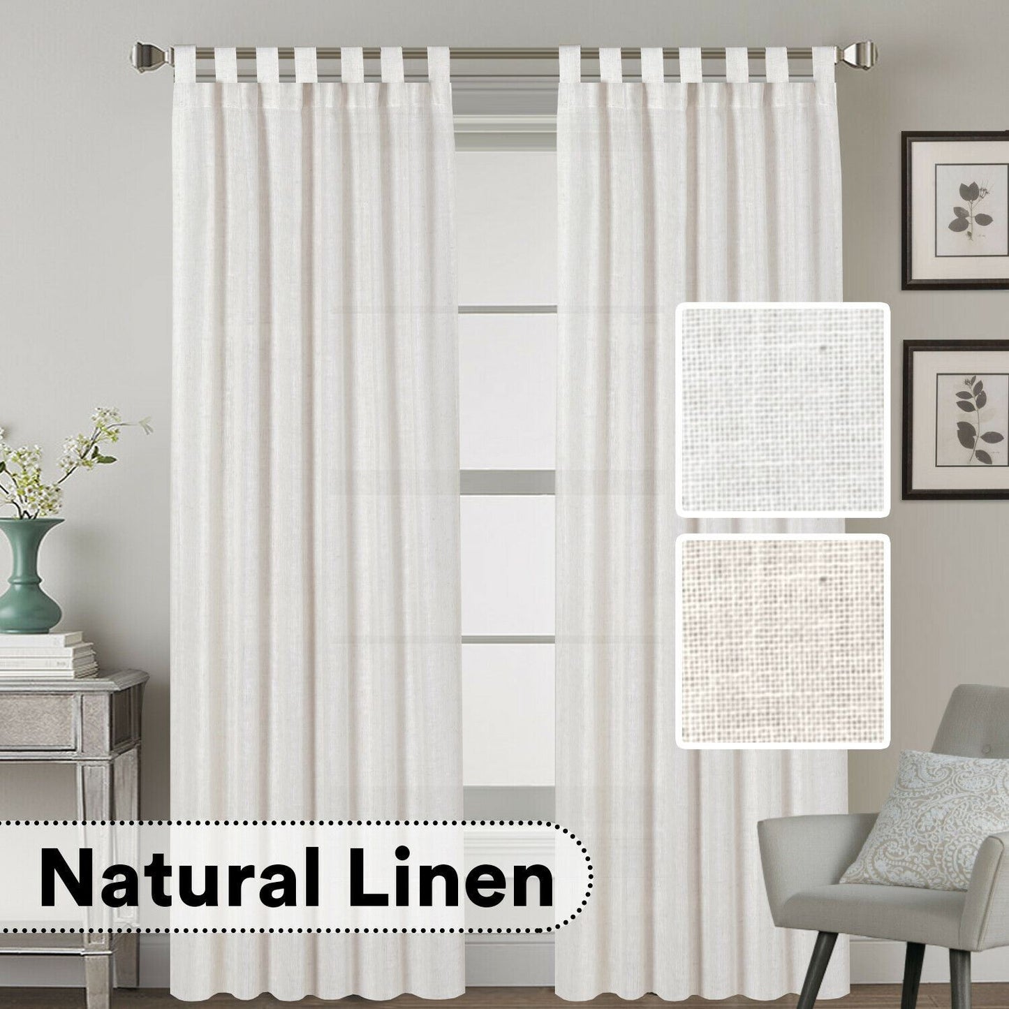 Natural Linen Blended Curtains Semi Sheers Window Curtain Draperies, Tab Top