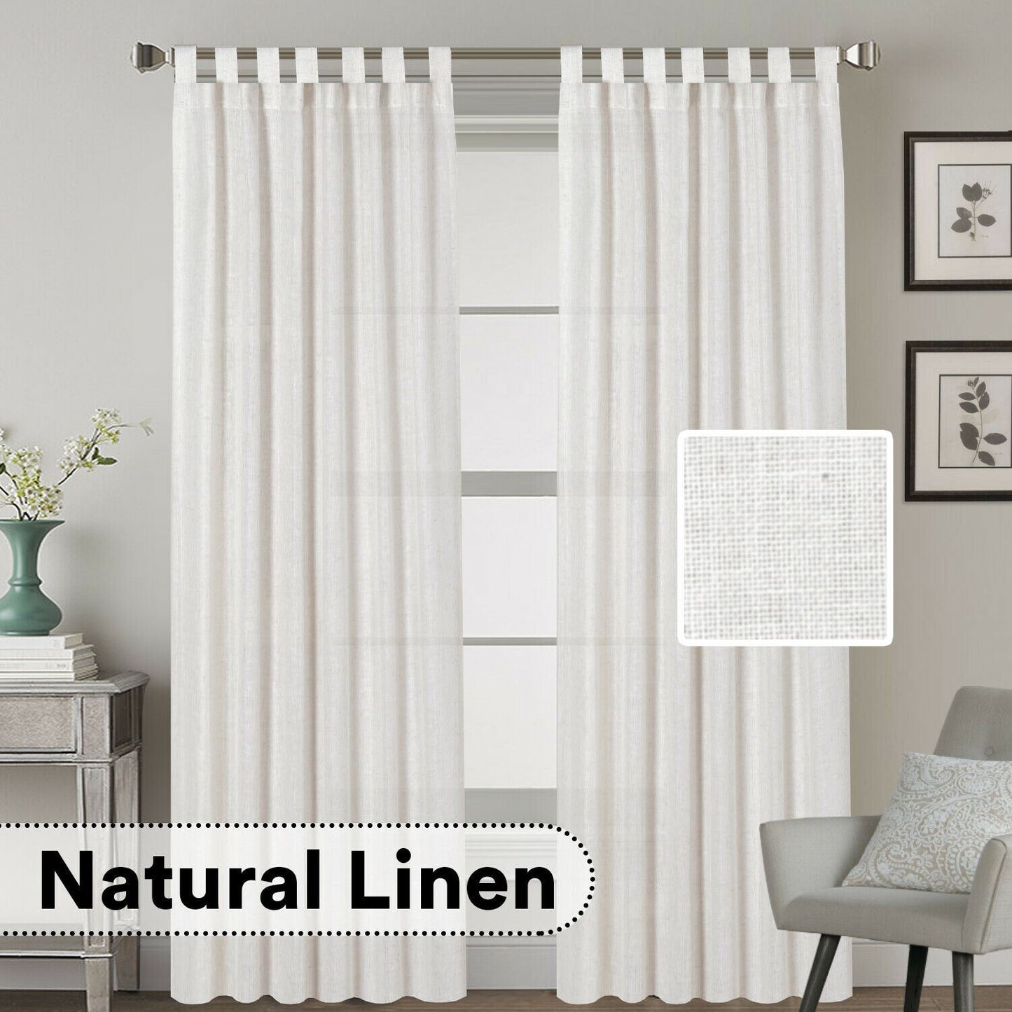 Natural Linen Blended Curtains Semi Sheers Window Curtain Draperies, Tab Top