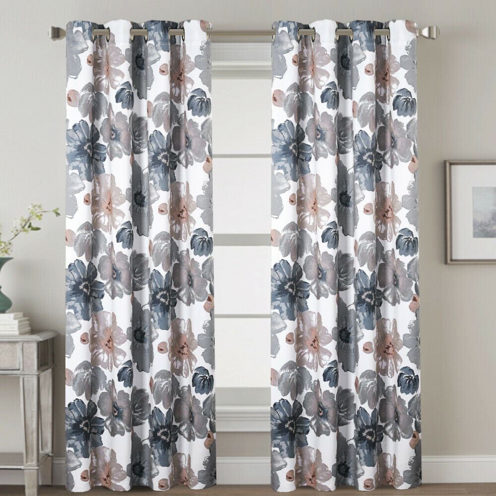 2x Blockout Floral Curtains Eyelet Blackout Curtain Draperies for Living Bedroom