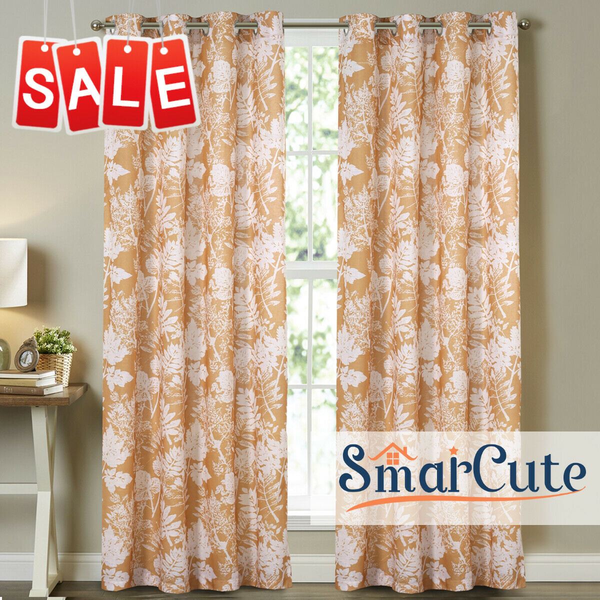 2x Natural Flax Linen Curtains Eyelet Living Room Leaf-Mustard, W132cm x D213cm