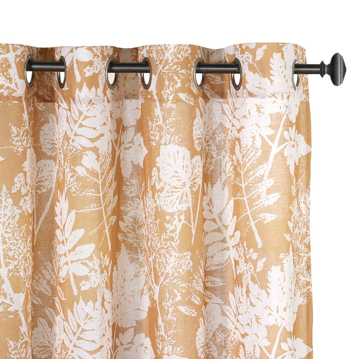 2x Natural Flax Linen Curtains Eyelet Living Room Leaf-Mustard, W132cm x D213cm