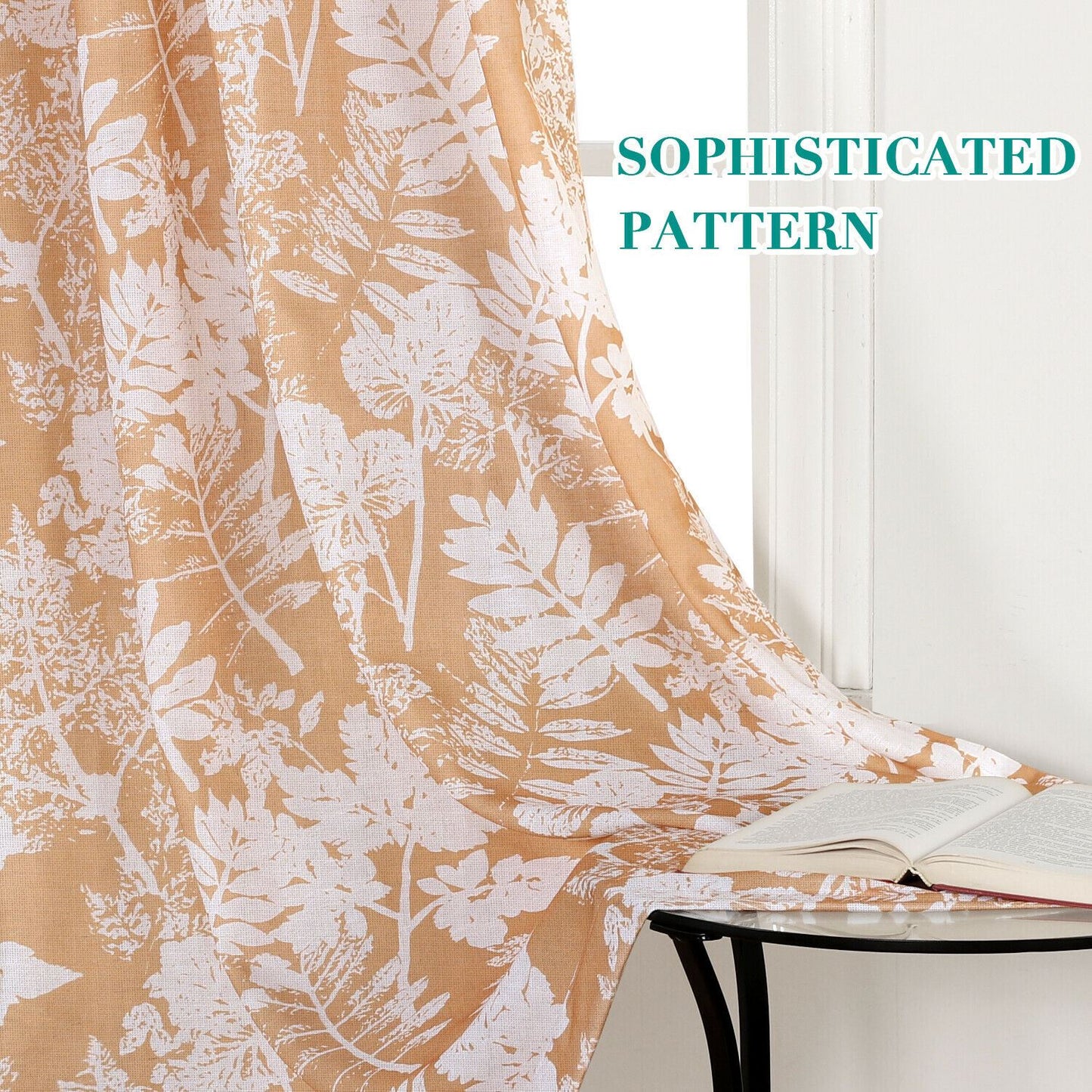 2x Natural Flax Linen Curtains Eyelet Living Room Leaf-Mustard, W132cm x D213cm