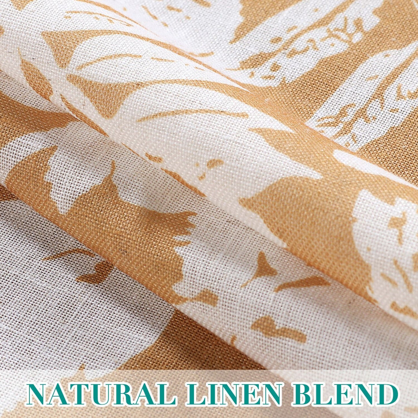 2x Natural Flax Linen Curtains Eyelet Living Room Leaf-Mustard, W132cm x D213cm