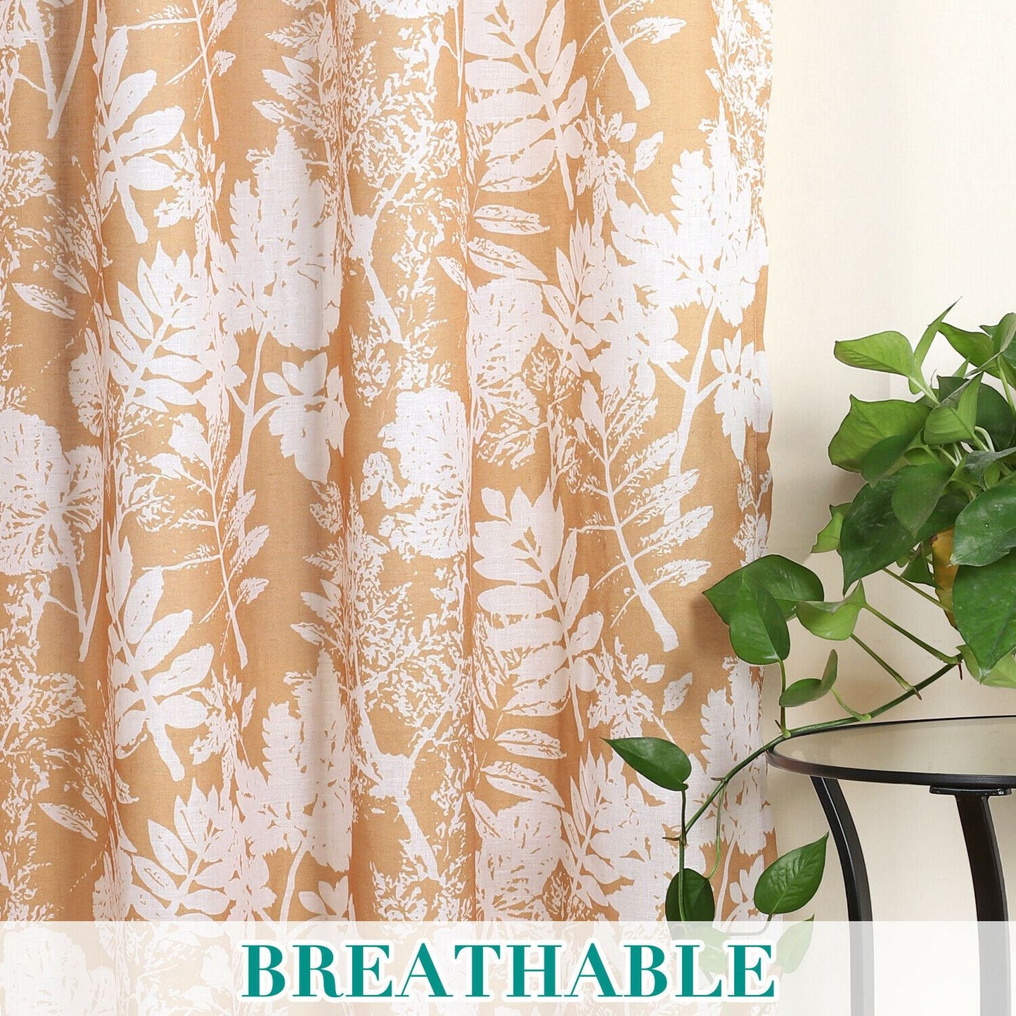 2x Natural Flax Linen Curtains Eyelet Living Room Leaf-Mustard, W132cm x D213cm