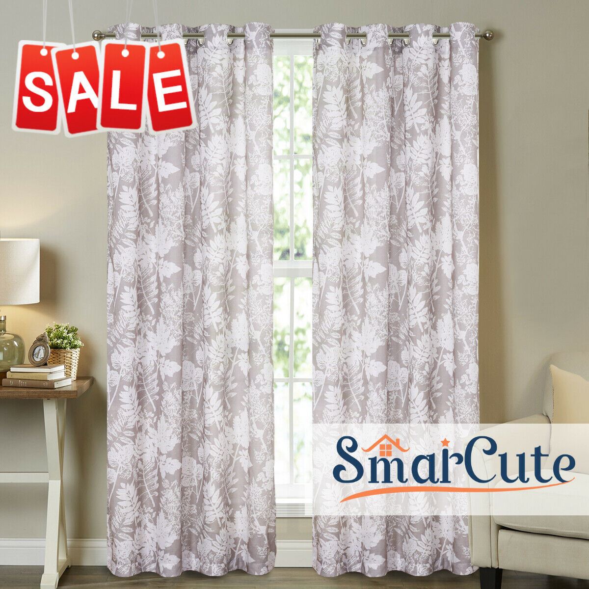 2x Natural Flax Linen Curtains Eyelet Living Room Leaf-Taupe, W132cm x D213cm