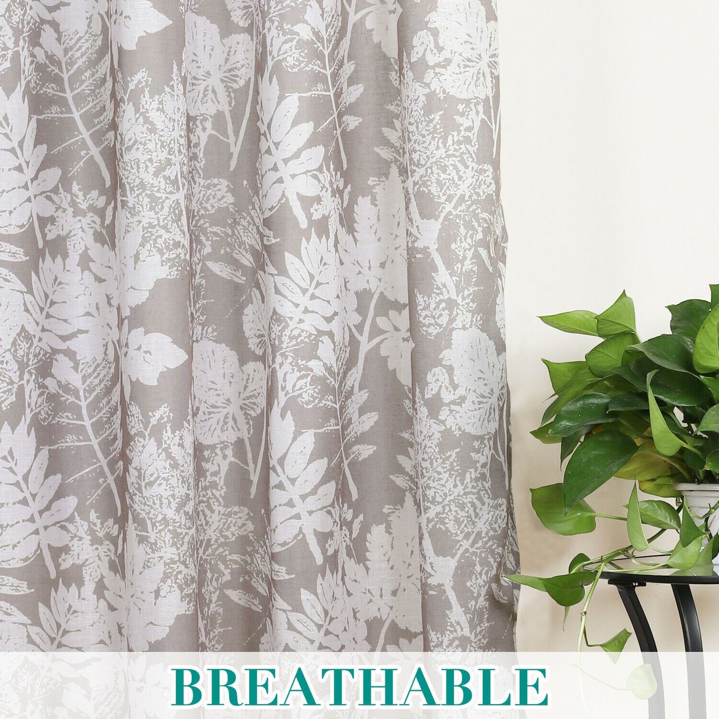 2x Natural Flax Linen Curtains Eyelet Living Room Leaf-Taupe, W132cm x D213cm