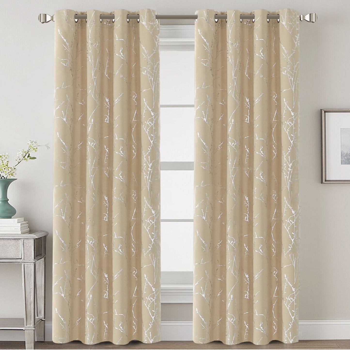 2x Blackout Foil Print Twig Tree Branch Curtain Drapes for Living Bedroom