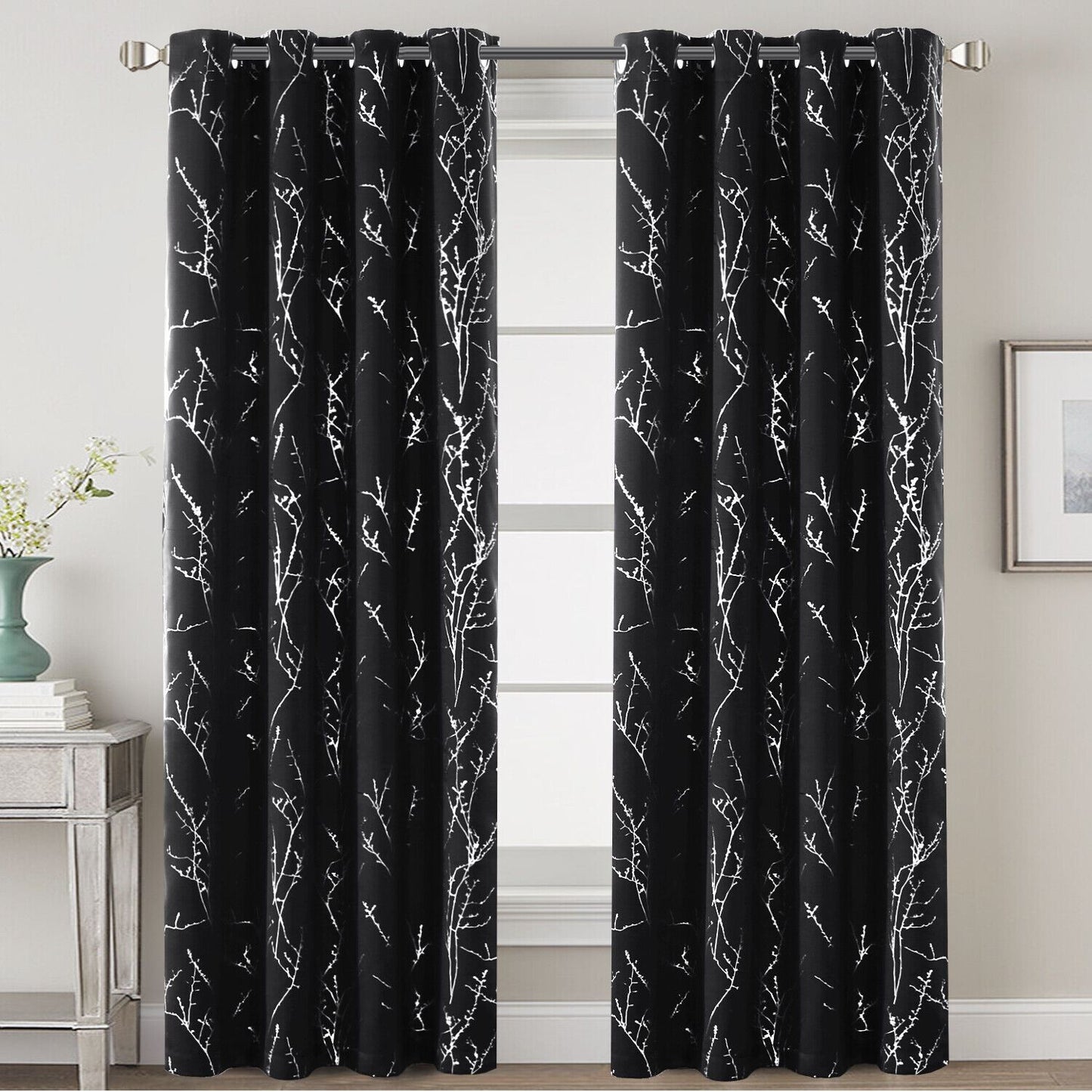 2x Blackout Foil Print Twig Tree Branch Curtain Drapes for Living Bedroom