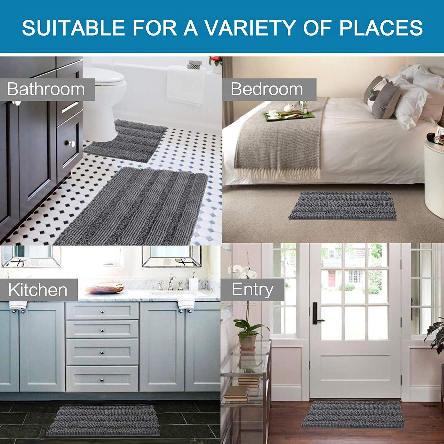 3 Pieces Absorbent Bathroom Rugs Sets Striped Non Slip for Tub, Shower, Toliet