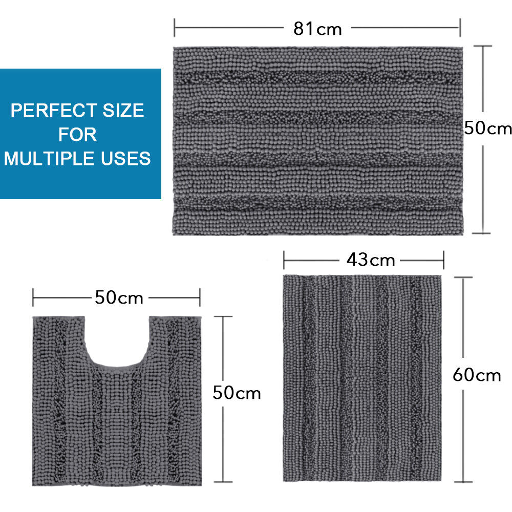 3 Pieces Absorbent Bathroom Rugs Sets Striped Non Slip for Tub, Shower, Toliet