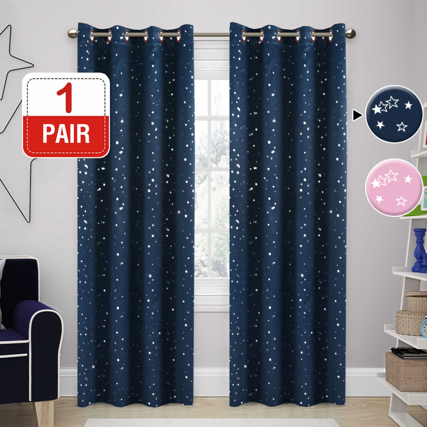 1 Pair Kids Curtains Blockout Eyelet Blackout Kids Bedroom Curtains Star Pattern