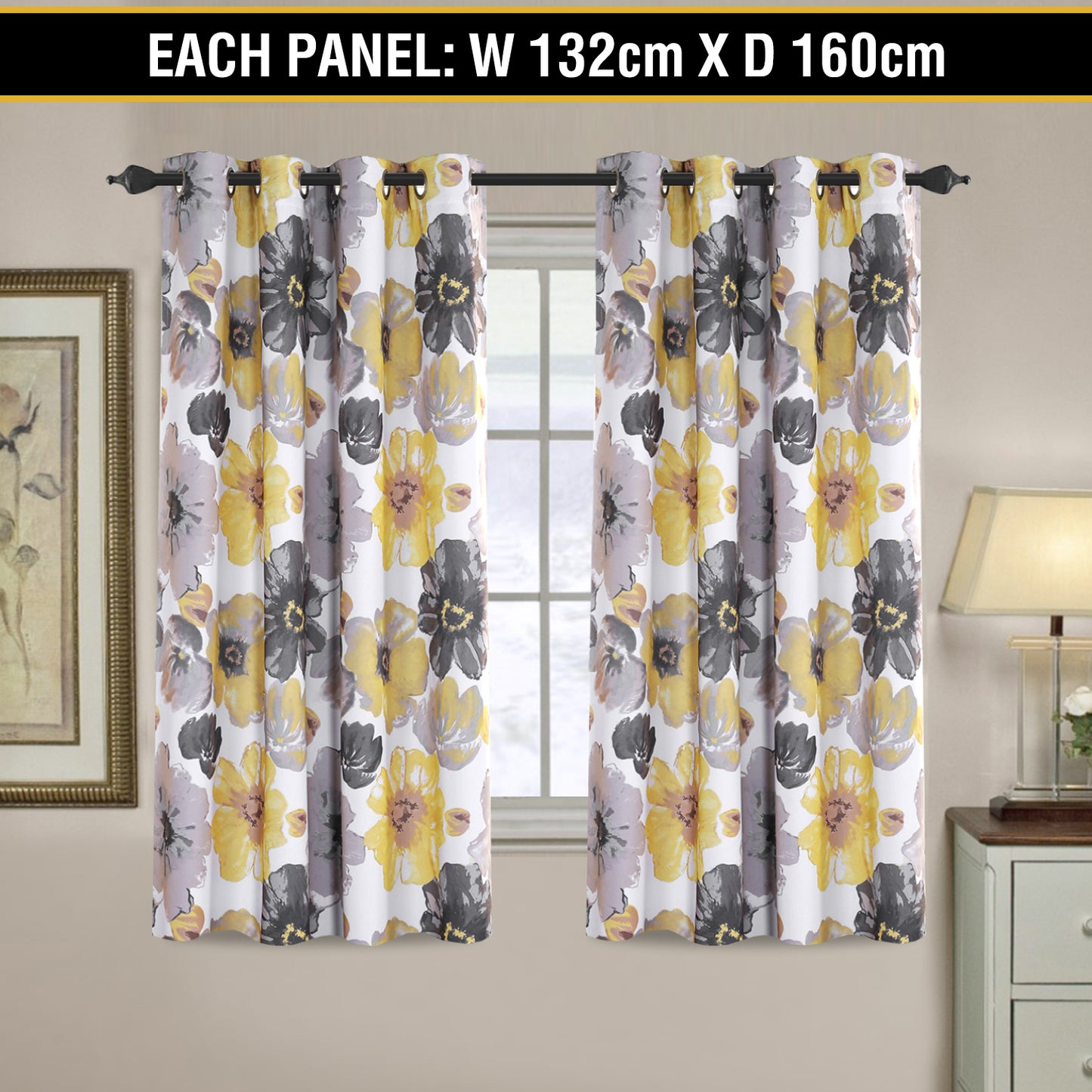 2x Blockout Floral Curtains Eyelet Blackout Curtain Draperies for Living Bedroom