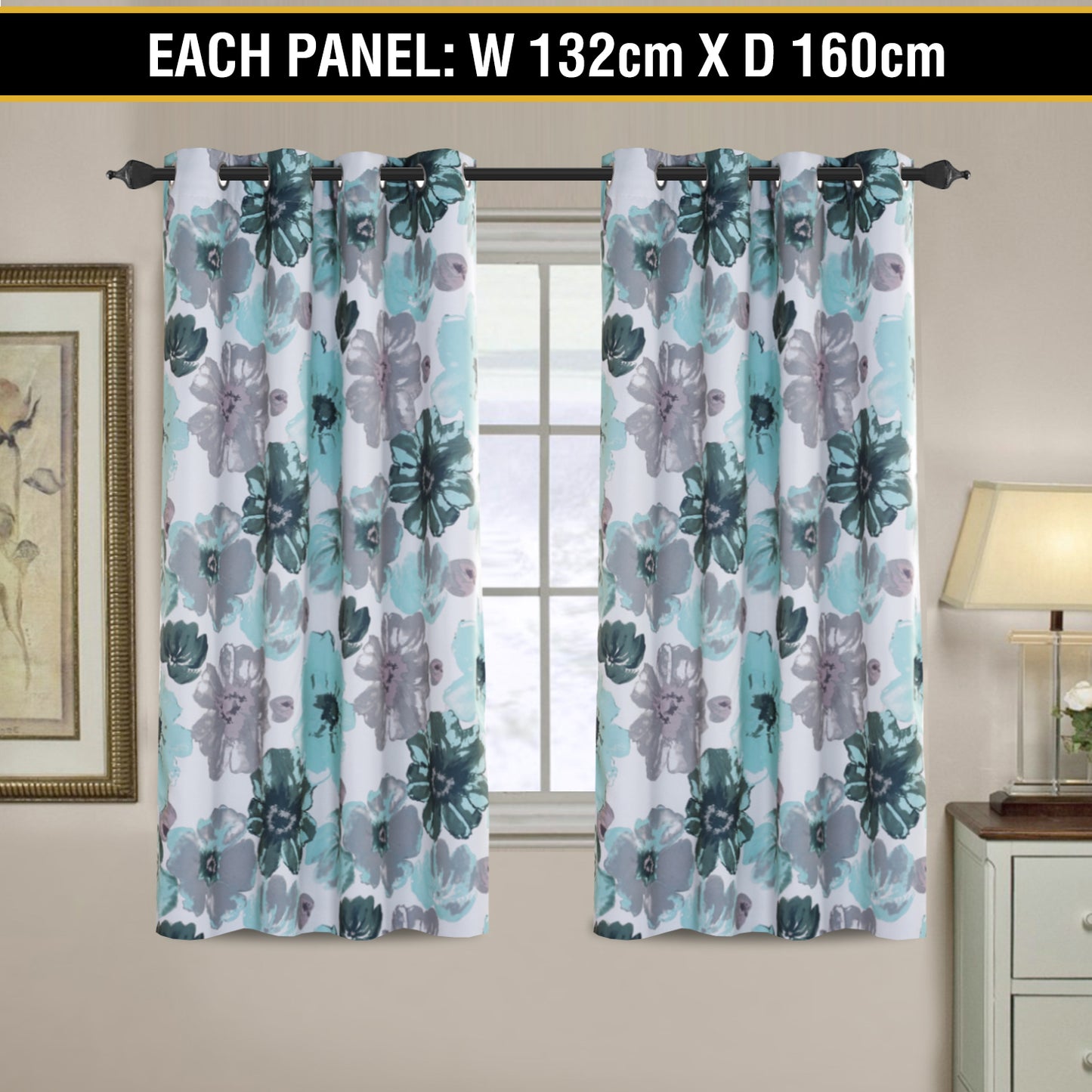 2x Blockout Floral Curtains Eyelet Blackout Curtain Draperies for Living Bedroom