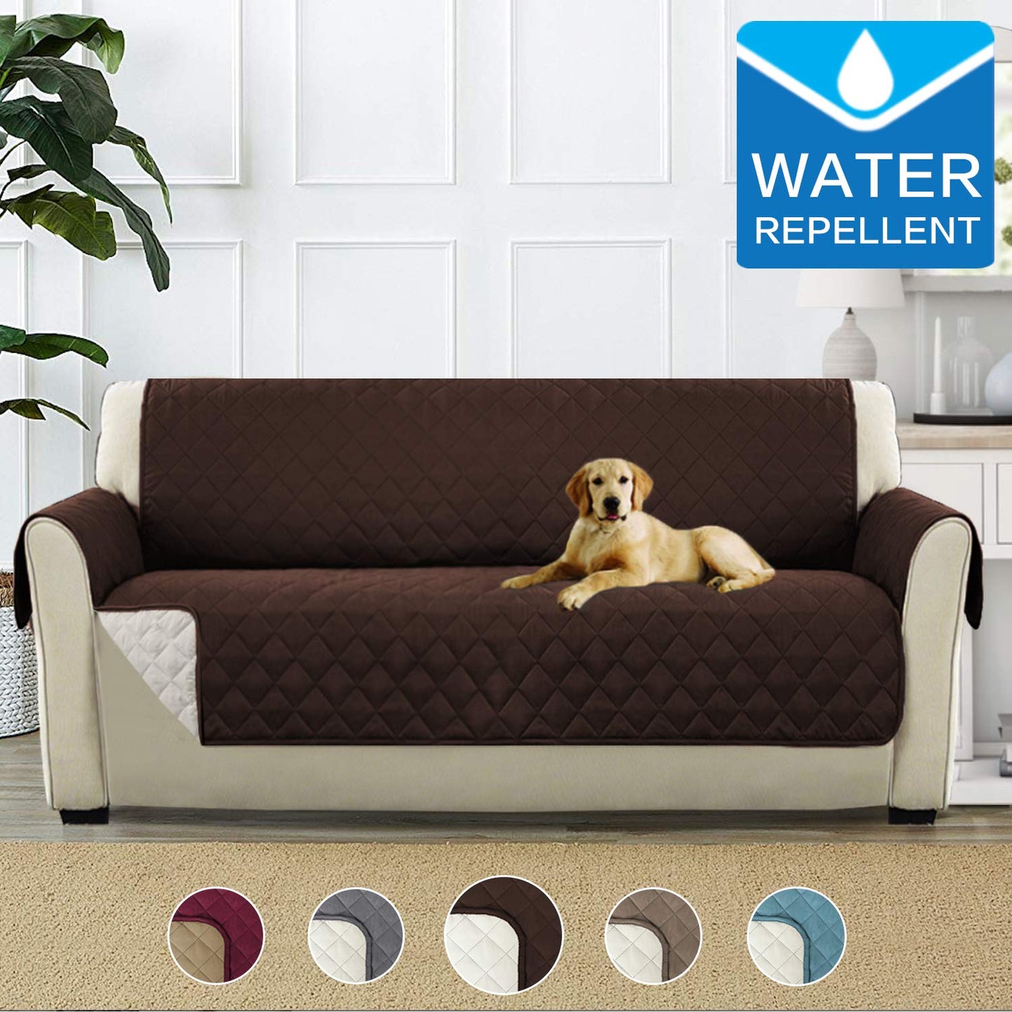 Sofa Protectors Waterproof from Pets/Dogs/Kids Sofa Covers 3 Seater Couch Covers Soft Quilted Furniture Protector with Non Slip Strap | 3 Seater Sofa, Checked Pattern, Reversible Brown/Beige