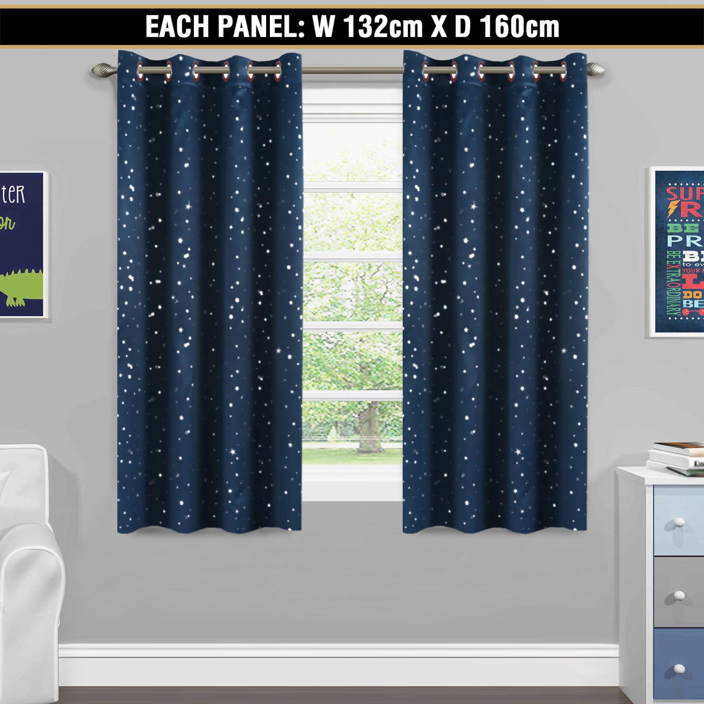 1 Pair Kids Curtains Blockout Eyelet Blackout Kids Bedroom Curtains Star Pattern