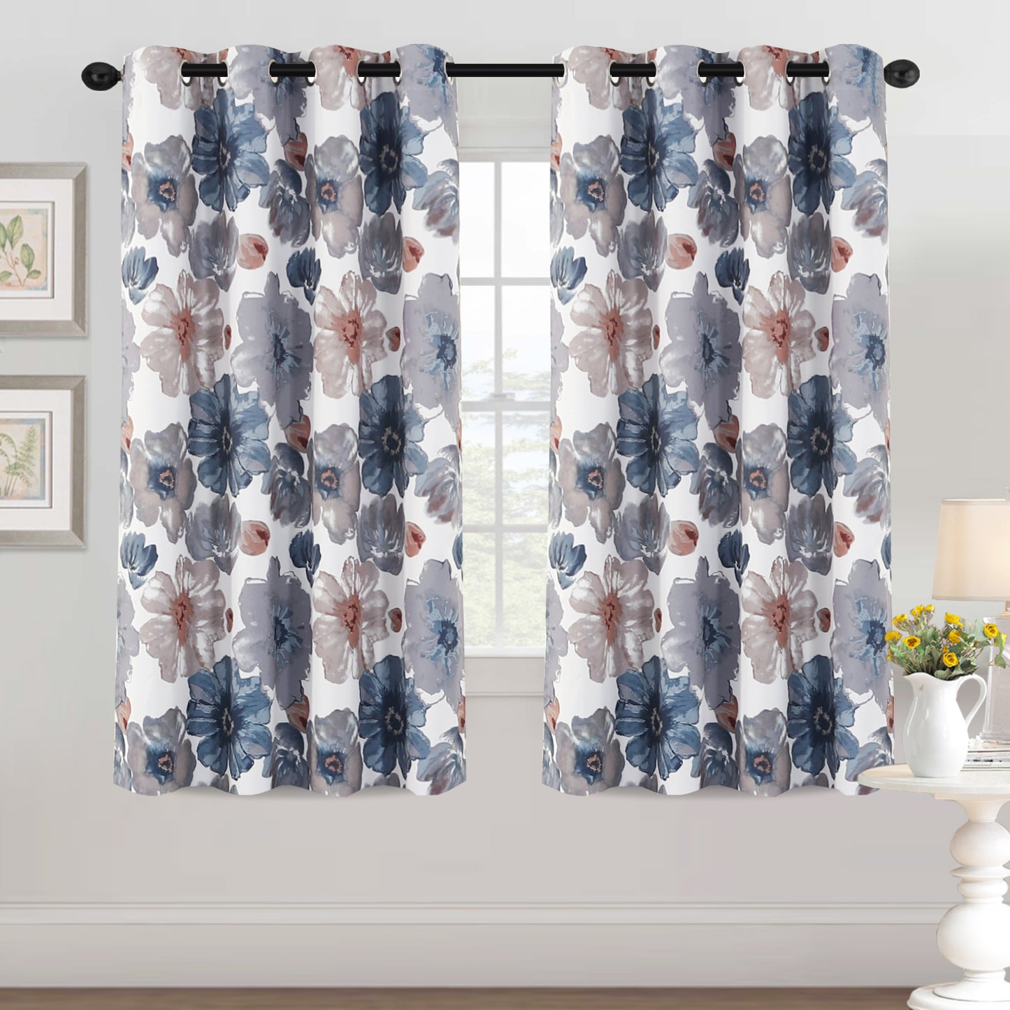 2x Blockout Floral Curtains Eyelet Blackout Curtain Draperies for Living Bedroom