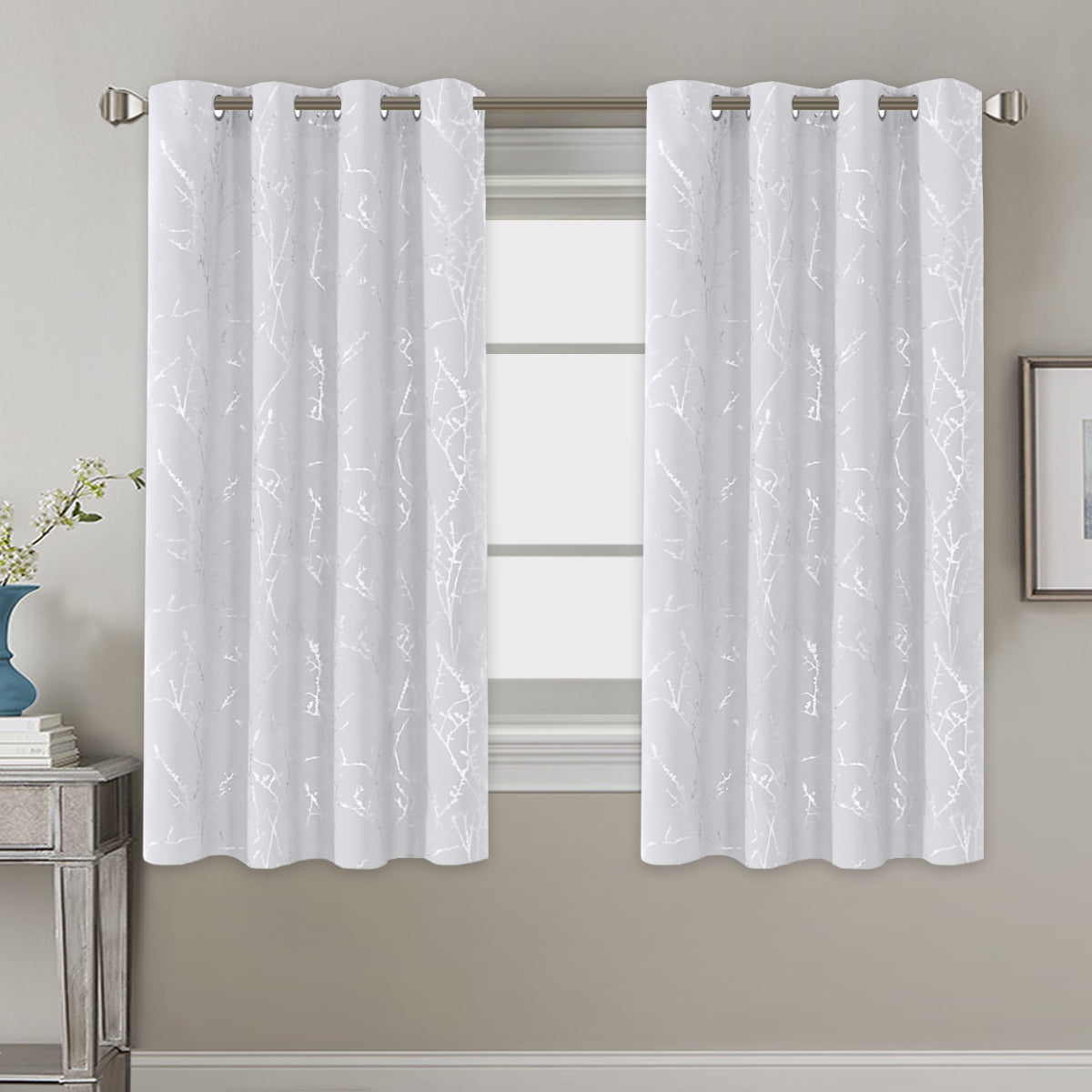 Smarcute Blockout Foil Print Twig Tree Grommet Curtain - 2X 132x160cm