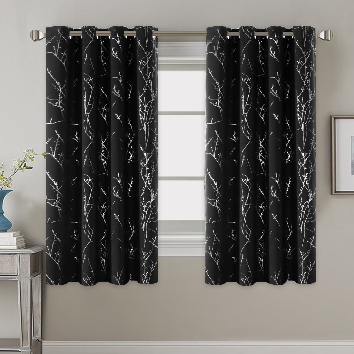 Smarcute Blockout Foil Print Twig Tree Grommet Curtain - 2X 132x160cm