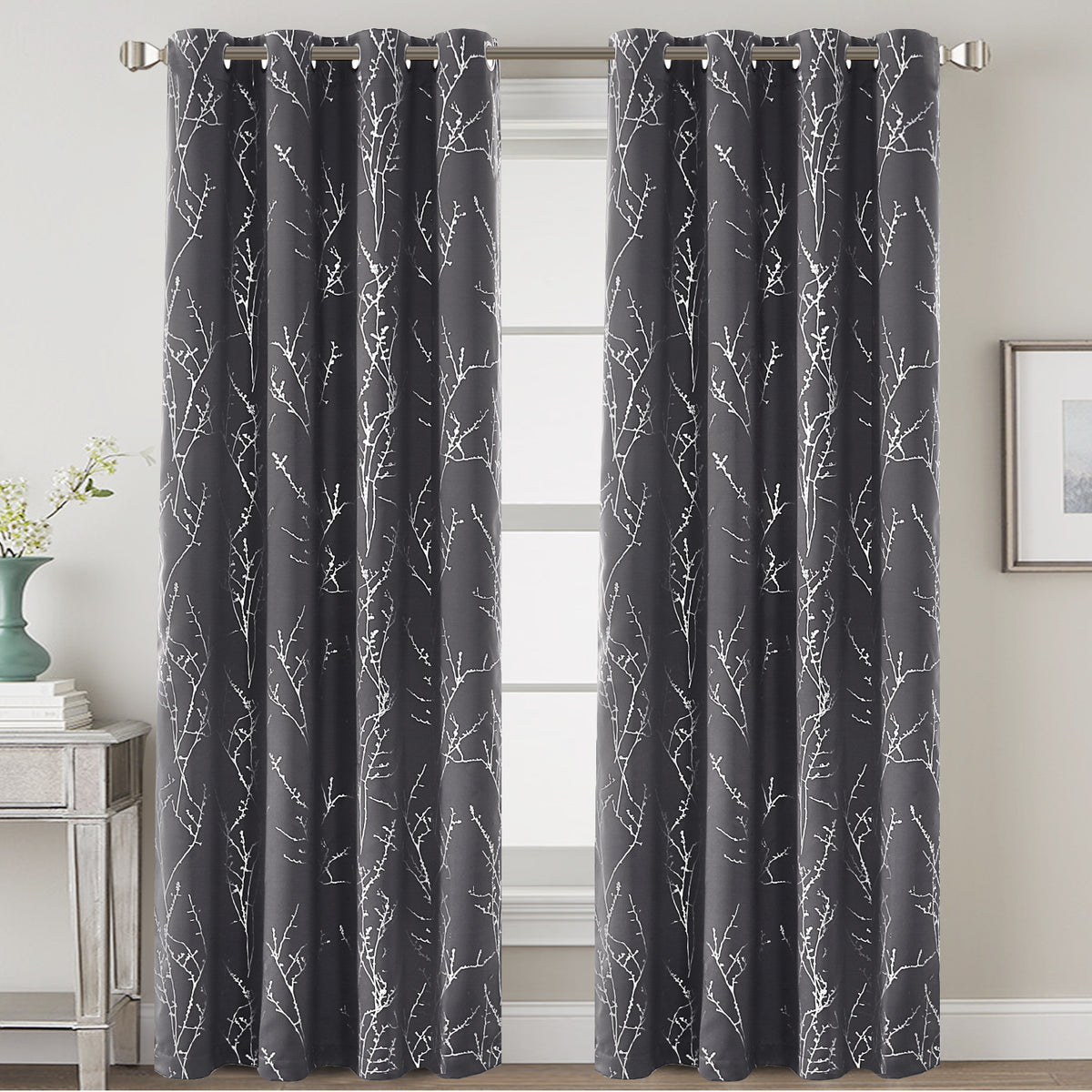 Smarcute Blockout Foil Print Twig Tree Grommet Curtain - 2X 132x243cm