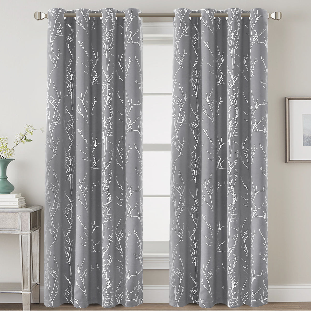 Smarcute Blockout Foil Print Twig Tree Grommet Curtain - 2X 132x213cm