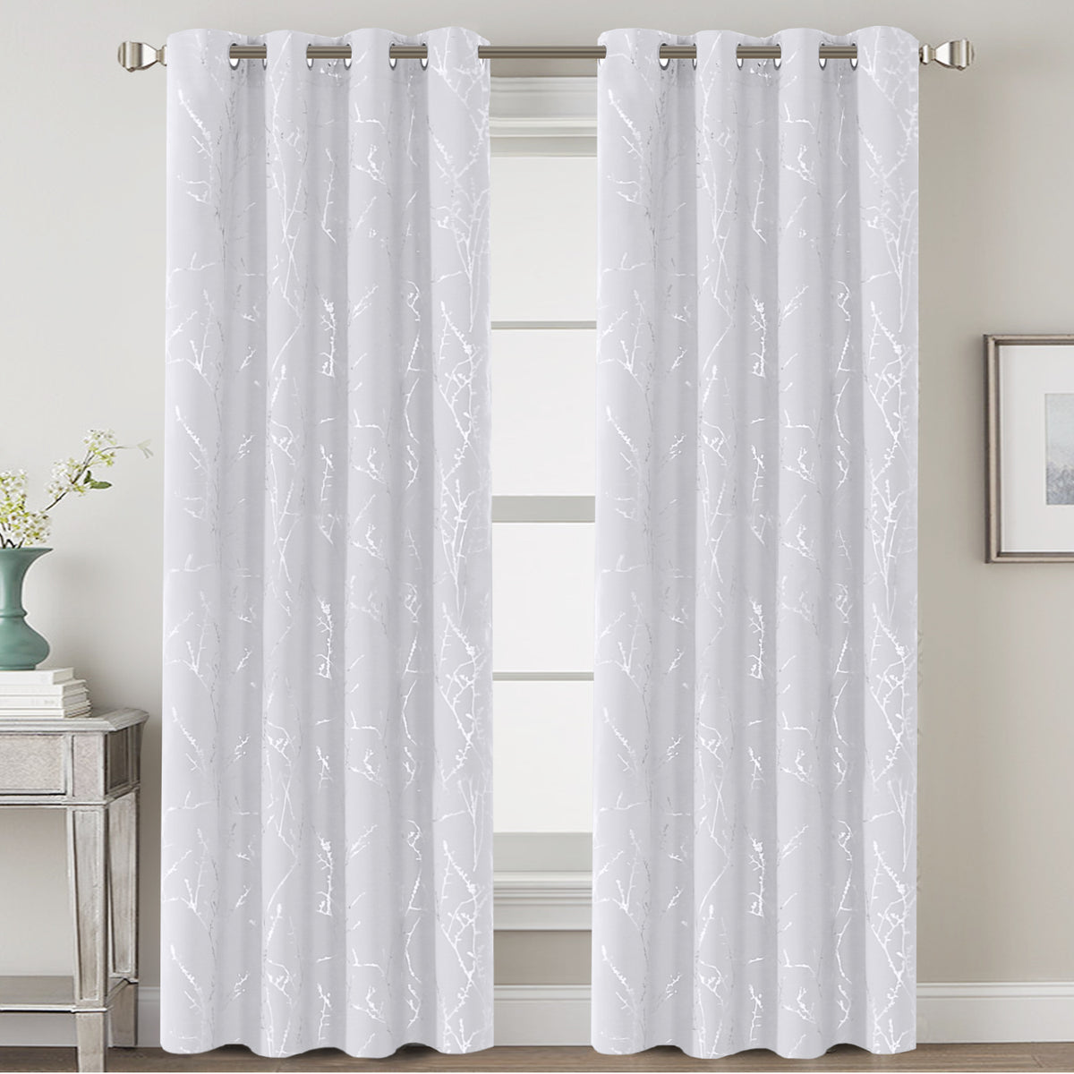 Smarcute Blockout Foil Print Twig Tree Grommet Curtain - 2X 132x213cm