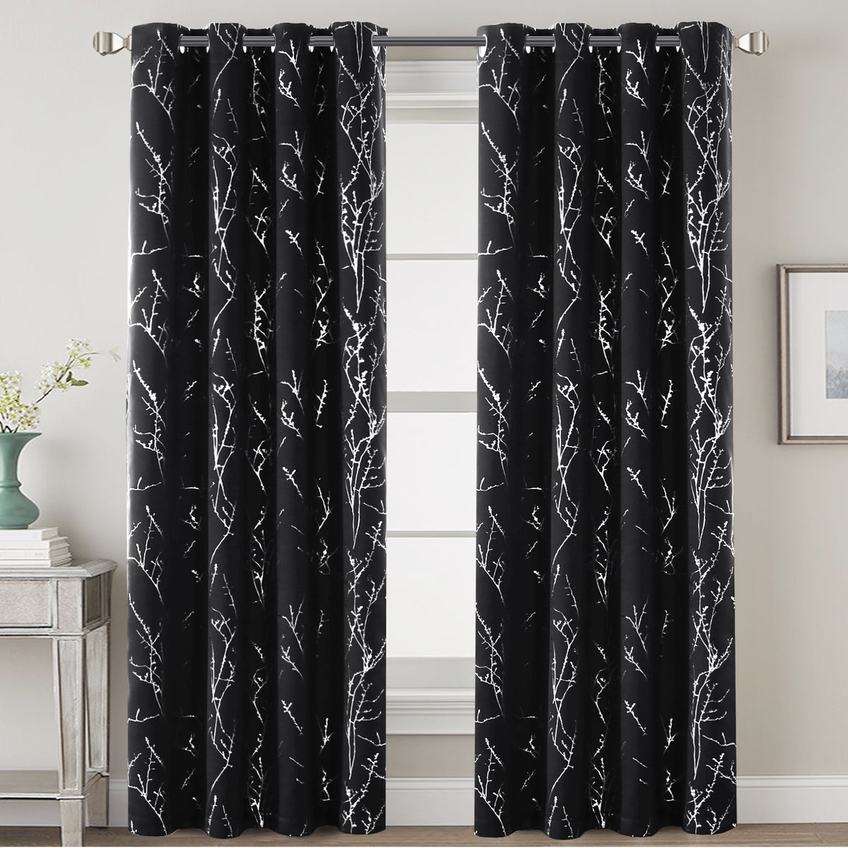 Smarcute Blockout Foil Print Twig Tree Grommet Curtain - 2X 132x243cm