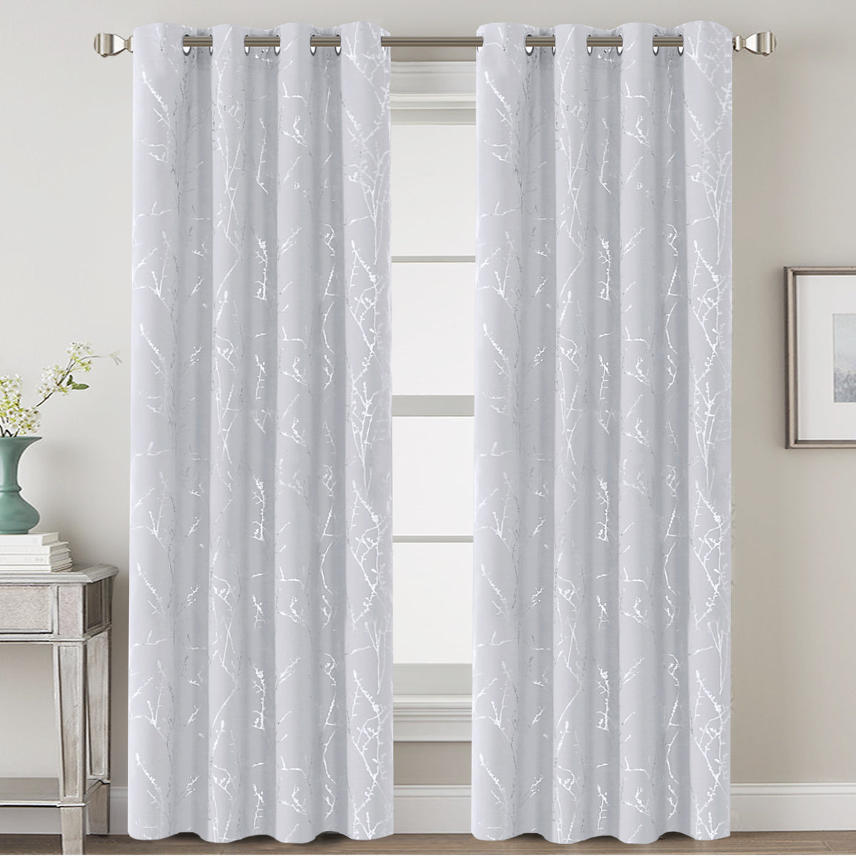 Smarcute Blockout Foil Print Twig Tree Grommet Curtain - 2X 132x213cm