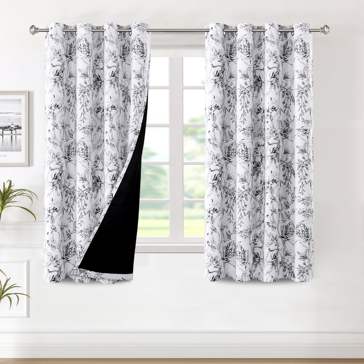 Smarcute Blockout Camellia Floral Grommet Curtain - 2X 132x160cm