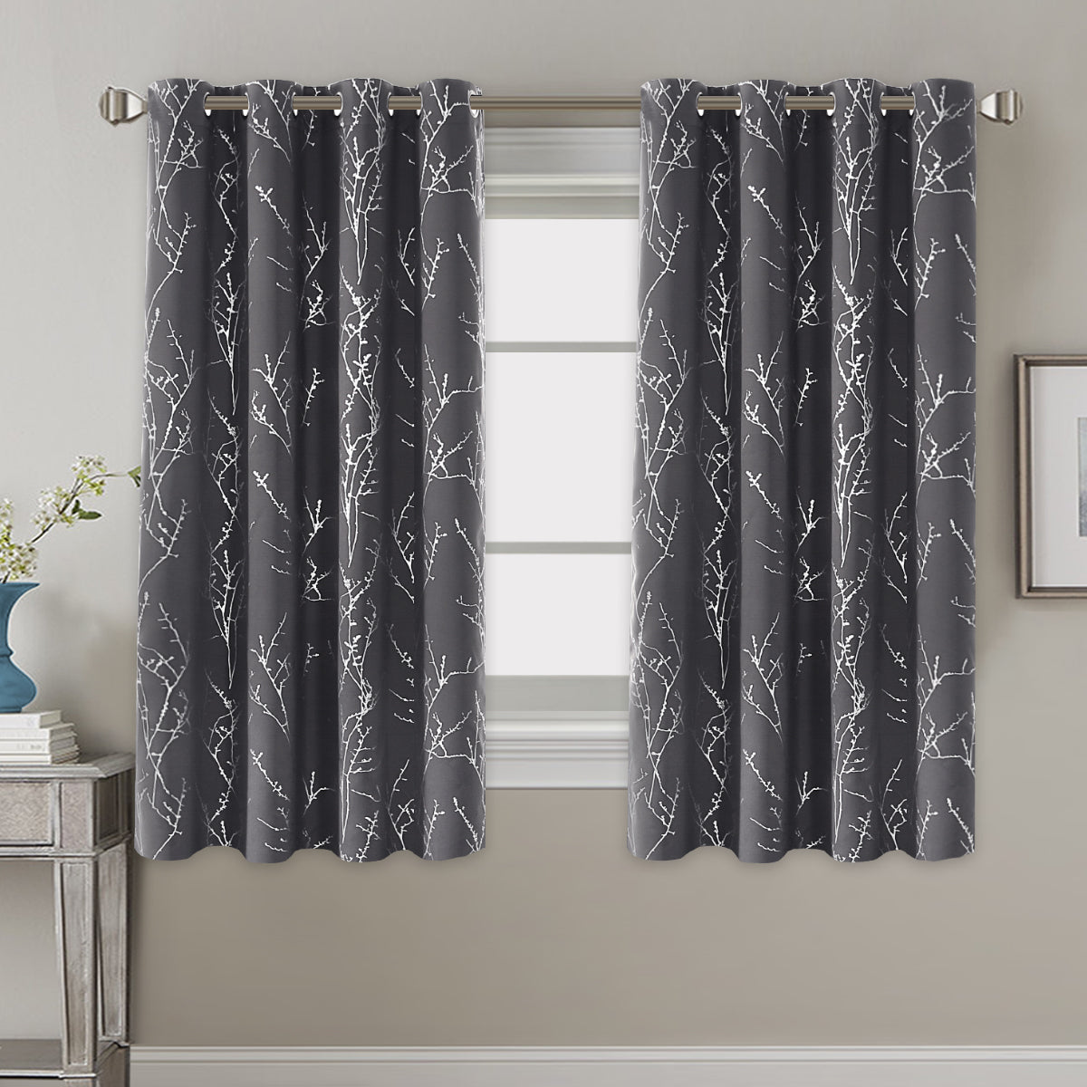 Smarcute Blockout Foil Print Twig Tree Grommet Curtain - 2X 132x160cm
