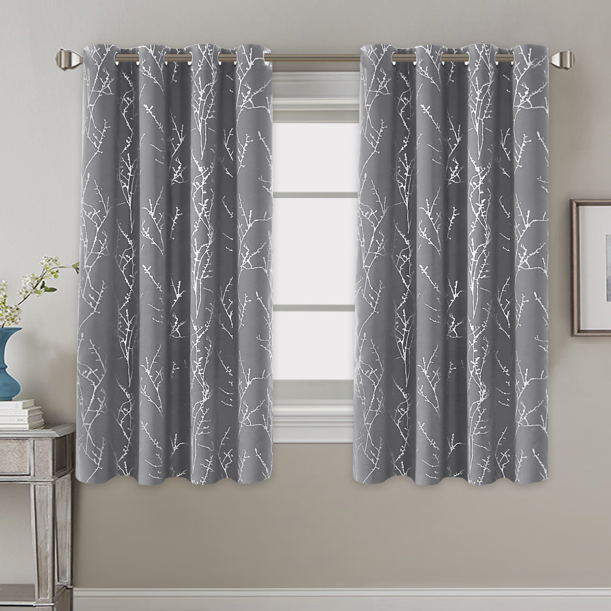 Smarcute Blockout Foil Print Twig Tree Grommet Curtain - 2X 132x160cm