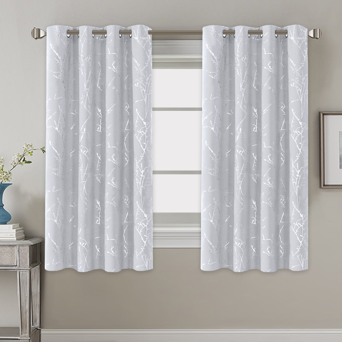 Smarcute Blockout Foil Print Twig Tree Grommet Curtain - 2X 132x160cm