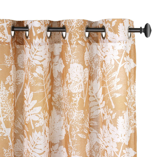 2x Natural Flax Linen Curtains Eyelet Living Room Leaf-Mustard, W132cm x D213cm