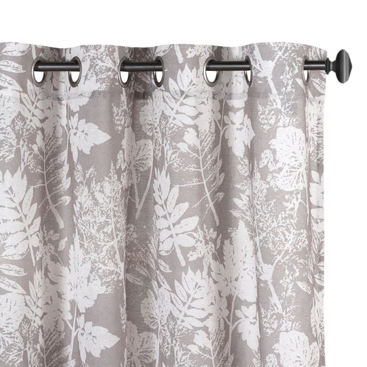2x Natural Flax Linen Curtains Eyelet Living Room Leaf-Taupe, W132cm x D213cm